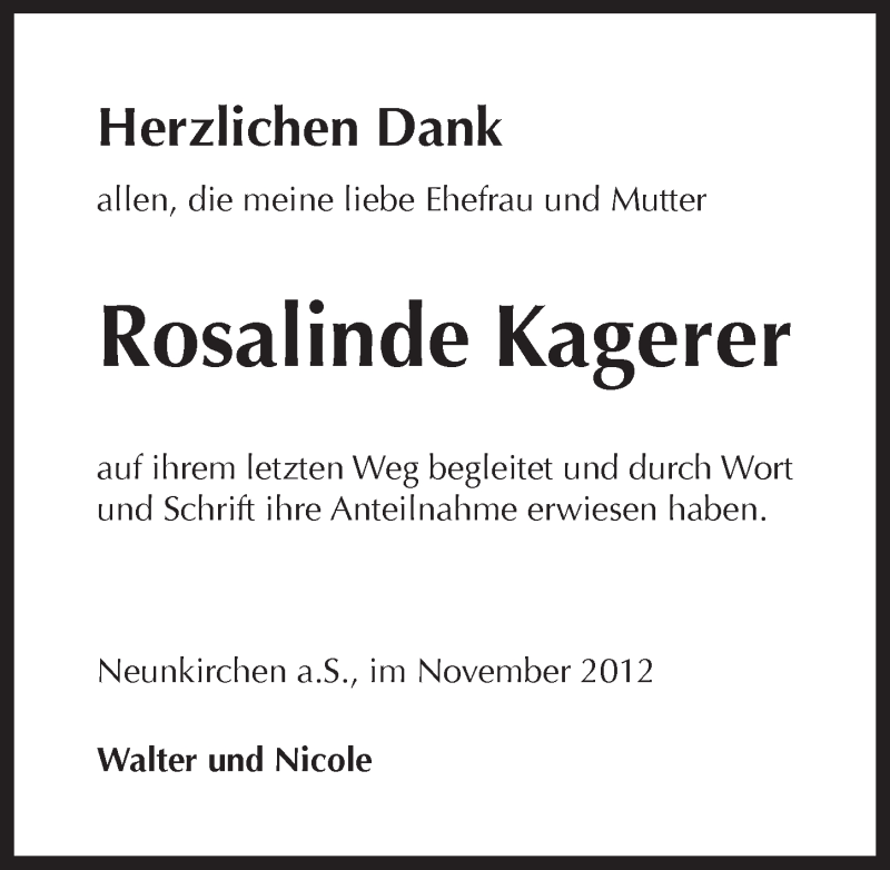  Traueranzeige für Rosalinde Kagerer vom 17.11.2012 aus Pegnitz-Zeitung